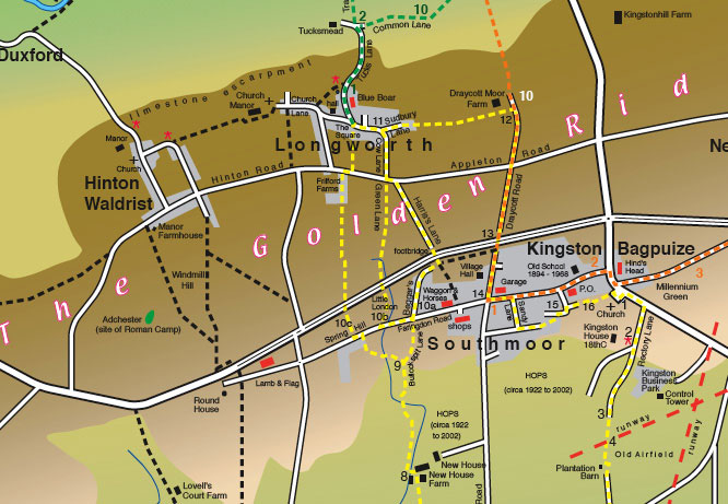 Map of Golden Ridge area near Hinton Waldrist, Longworth and Kingston Bagpuize with Southmoor and Kingston Bagpuize